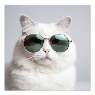 White cat with sunglasses, cool feline, lovely pet photo print