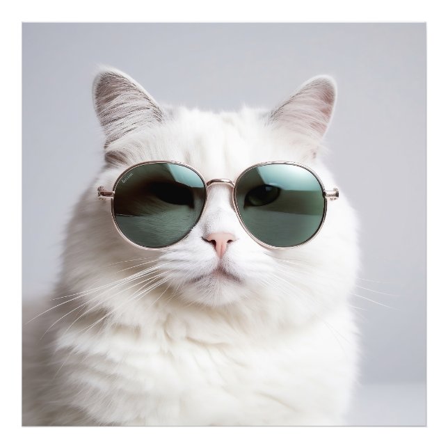 White cat with sunglasses, cool feline, lovely pet photo print (Front)
