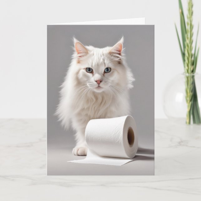 White Cat With Toliet Paper Card (Front)