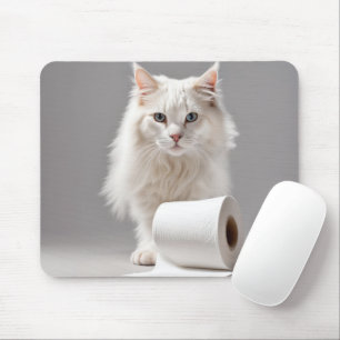 White Cat With Toliet Paper Mouse Mat