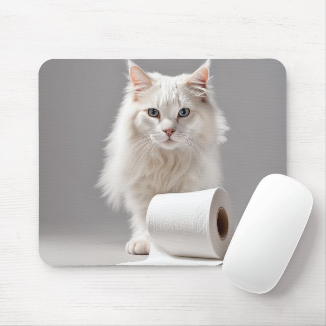 White Cat With Toliet Paper Mouse Mat (With Mouse)