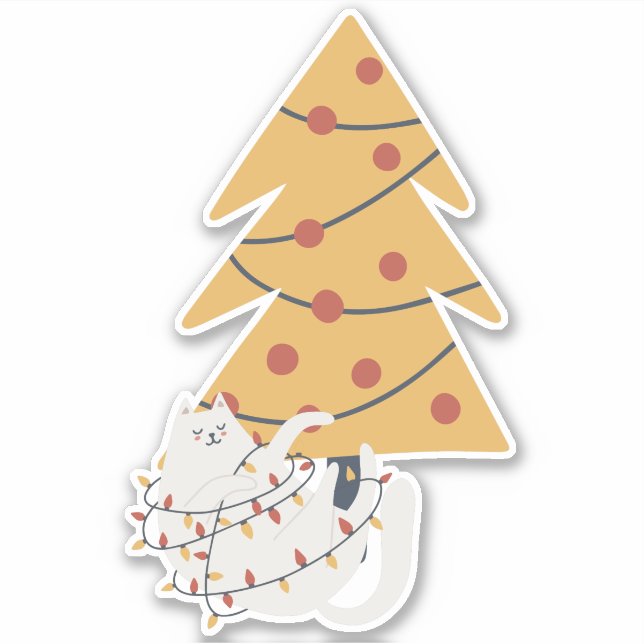 White cat wrapped in red Christmas tree lights (Front)
