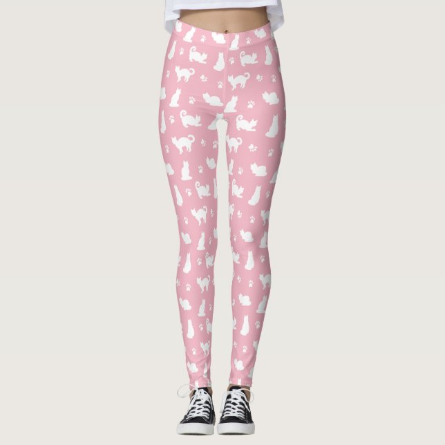 White Cats and Paw Prints on Pink Leggings (Front)