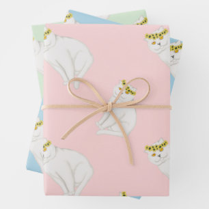 White cats and wreath sunflowers wrapping paper sheet