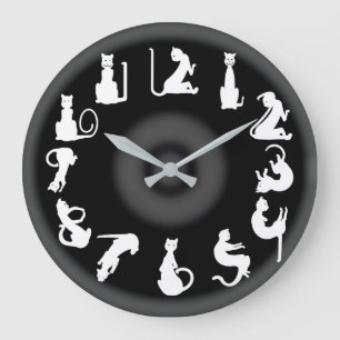 WHITE CATS on BLACK by Slipperywindow Large Clock