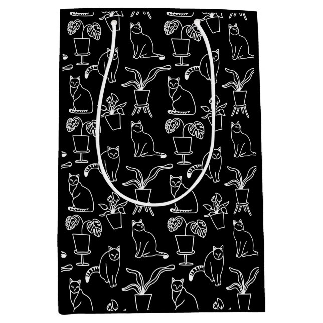 White cats on black medium gift bag (Front)