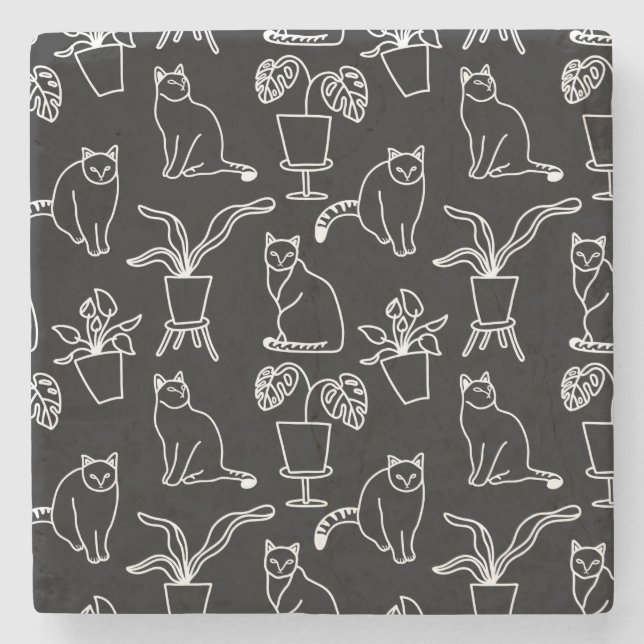 White cats on black stone coaster (Front)