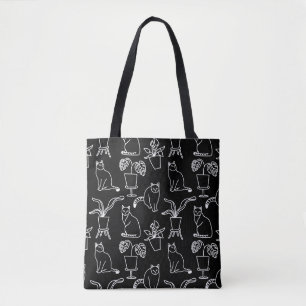 White cats on black tote bag