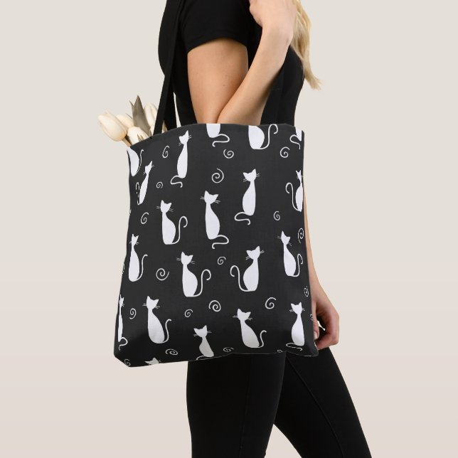 White Cats Pattern on Black Tote Bag (Close Up)