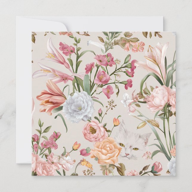 White Cats Pink Roses Floral Flat Thank You Card (Front)
