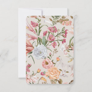 White Cats Pink Roses Floral Flat Thank You Card
