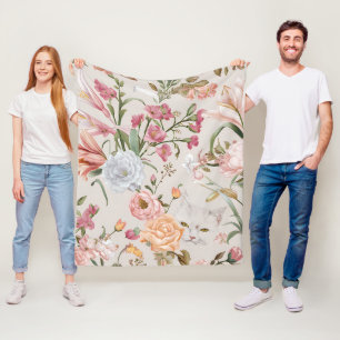 White Cats Pink Roses Floral Fleece Blanket