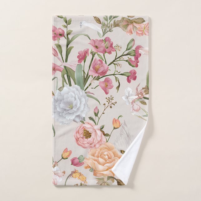 White Cats Pink Roses Floral  Hand Towel (Hand Towel)