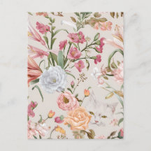 White Cats Pink Roses Floral Holiday Postcard