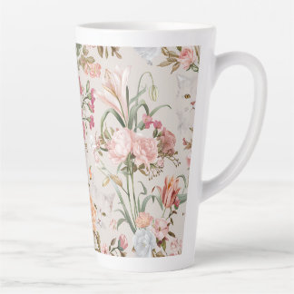 White Cats Pink Roses Floral Latte Mug