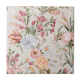 White Cats Pink Roses Floral Tile