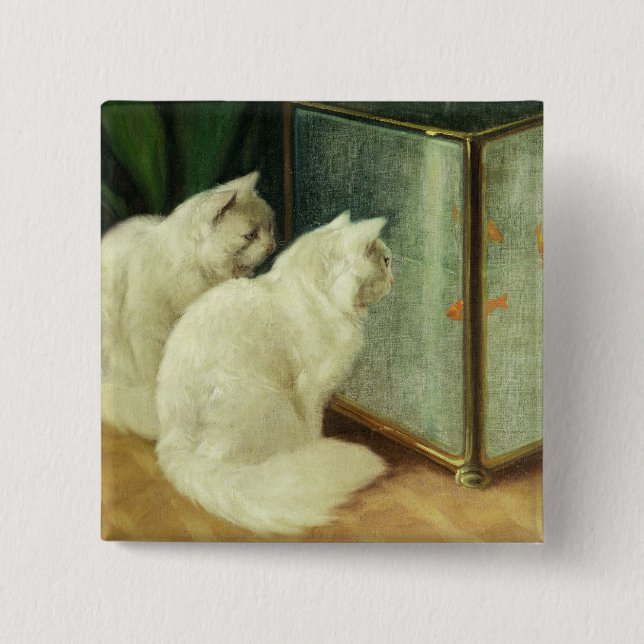 White Cats Watching Goldfish 15 Cm Square Badge (Front)