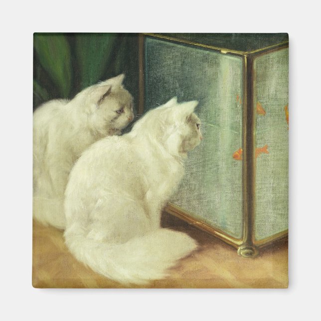 White Cats Watching Goldfish Magnet (Front)