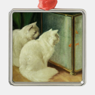 White Cats Watching Goldfish Metal Tree Decoration