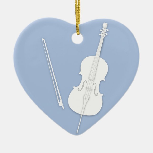 White Cello & Bow Light Blue Custom Heart Ceramic Tree Decoration (Front)
