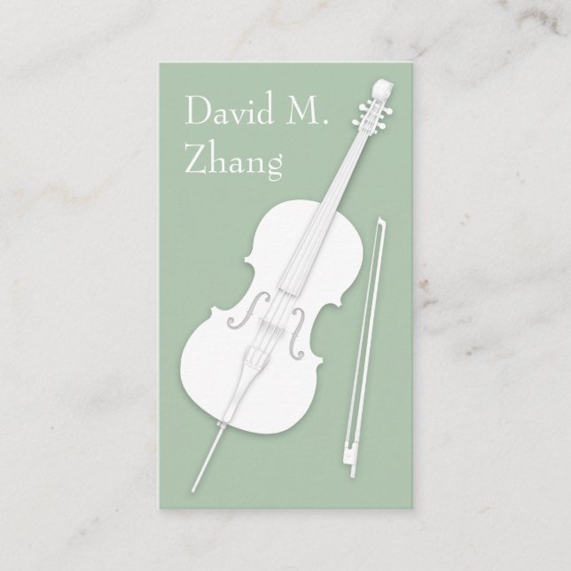 White Cello & Bow Pea Green String Player Teacher Business Card (Front)