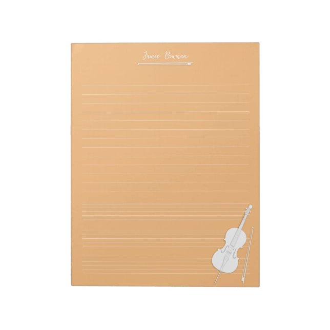 White Cello & Bow Personalised Music Class Orange Notepad (Rotated)