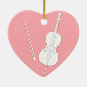 White Cello & Bow Rose Pink Custom Heart Ceramic Tree Decoration