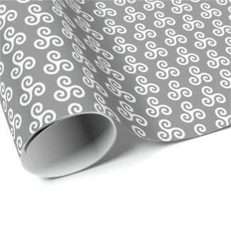 White Celtic Triple Spiral Triskele on Medium Grey Wrapping Paper