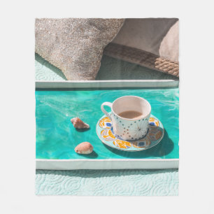 White ceramic mug on white serving tray fleece blanket