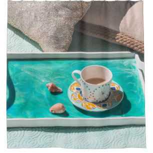 White ceramic mug on white serving tray shower curtain