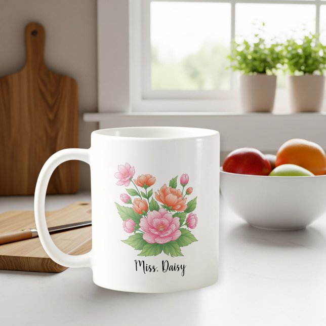 White Ceramic Personalized Mug with Floral Design  (Creator Uploaded)