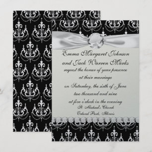 white chadelier on black modern damask design invitation