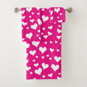 White Chalk Hearts on Fuchsia Pink Bath Towel Set