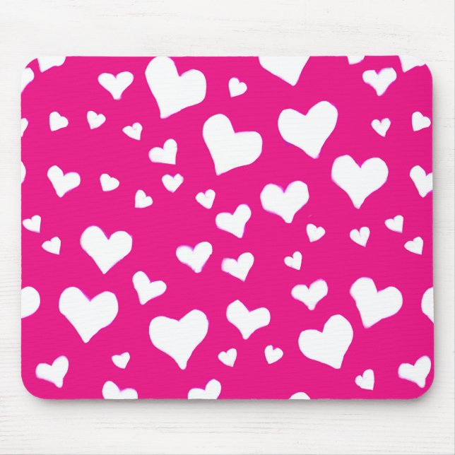 White Chalk Hearts on Fuchsia Pink Mouse Mat (Front)