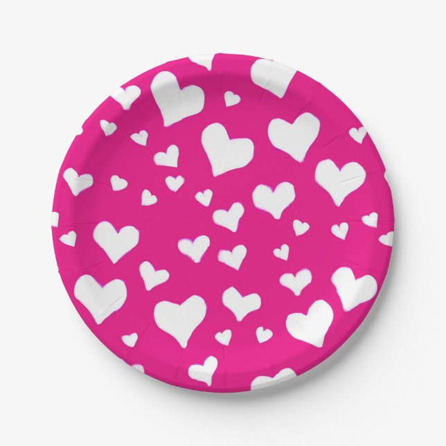 White Chalk Hearts on Fuchsia Pink Paper Plate (Front)
