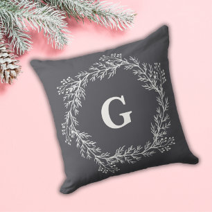 White Chalk Winter Christmas Wreath Monogram Grey Cushion