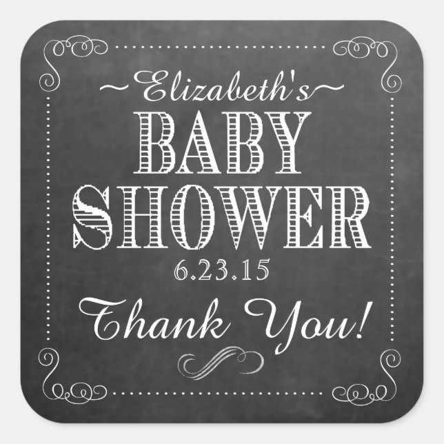 White Chalkboard Look with Scrolls Baby Shower Square Sticker (Front)