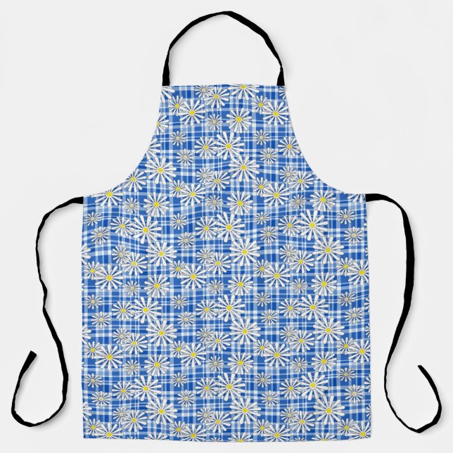 White chamomile flowers on a blue chequered backgr apron (Front)
