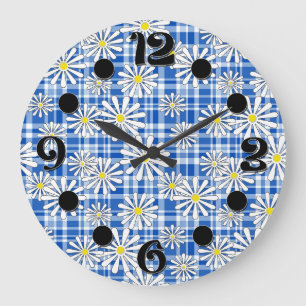 White chamomile flowers on a blue chequered backgr large clock
