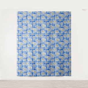 White chamomile flowers on a blue chequered backgr tapestry