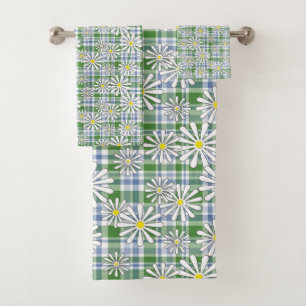 White chamomile flowers on a green blue chequered  bath towel set