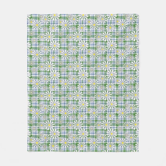 White chamomile flowers on a green blue chequered  fleece blanket (Front)