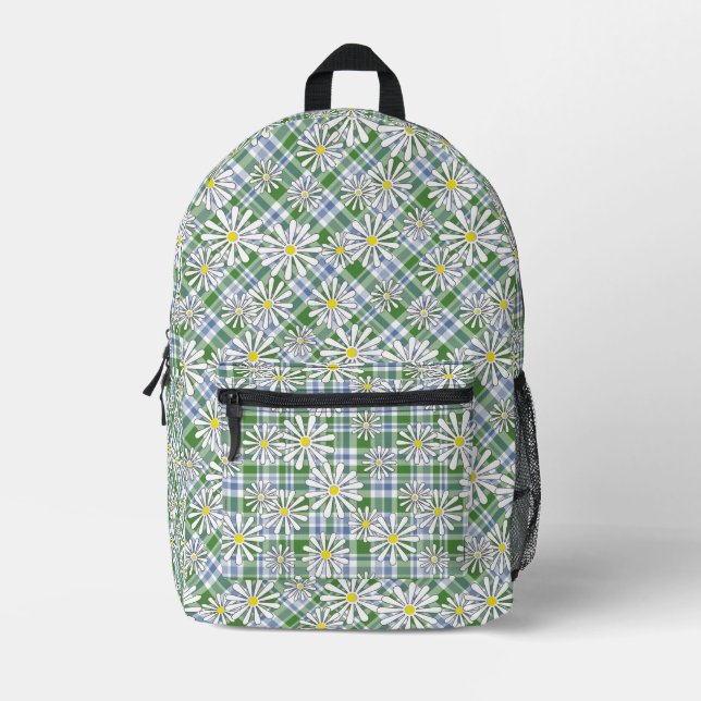 White chamomile flowers on a green blue chequered  printed backpack (Front)