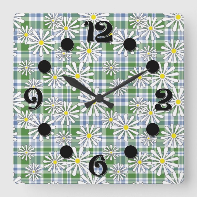 White chamomile flowers on a green blue chequered  square wall clock (Front)