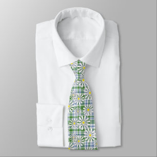 White chamomile flowers on a green blue chequered tie