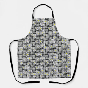 White chamomile flowers on black white checkered b apron