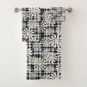 White chamomile flowers on black white chequered b bath towel set