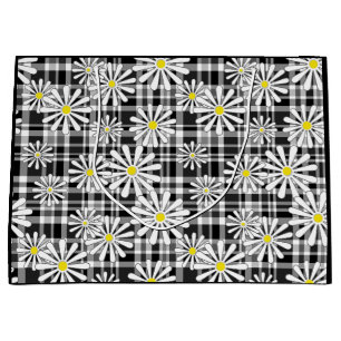 White chamomile flowers on black white chequered b large gift bag