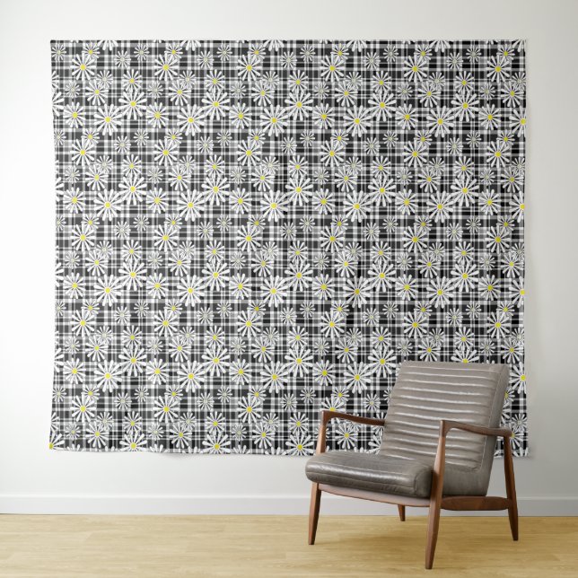 White chamomile flowers on black white chequered b tapestry (In Situ (Horizontal))