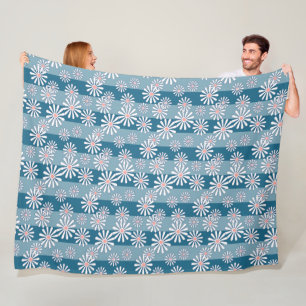White chamomile flowers on striped blue background fleece blanket
